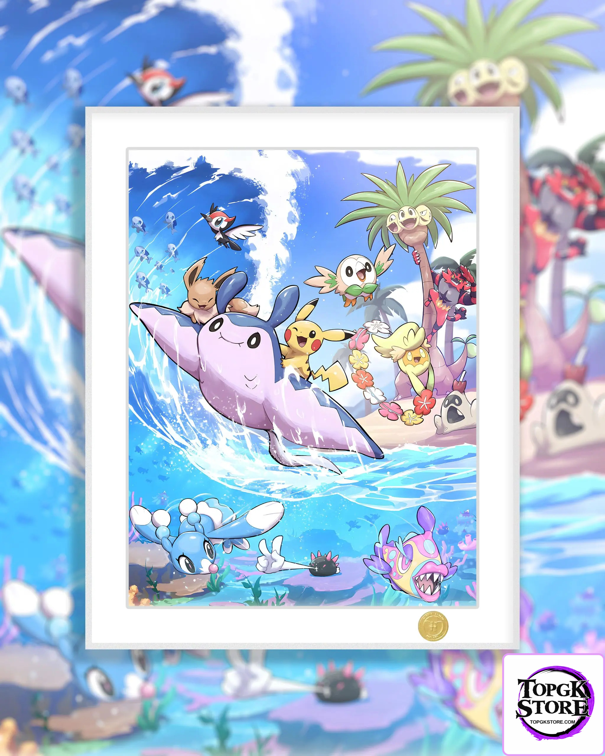 H-TWO Studio – Pokémon Pikachu & Eevee & Incineroar & Rowlet & Exeggutor Summer Alola Wall Art - Photo