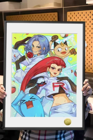 Team Rocket Jessie James Meowth Decorative Painting | A3 4K Pokémon Anime Art Print | HuangGua Studio 88pcs Limited