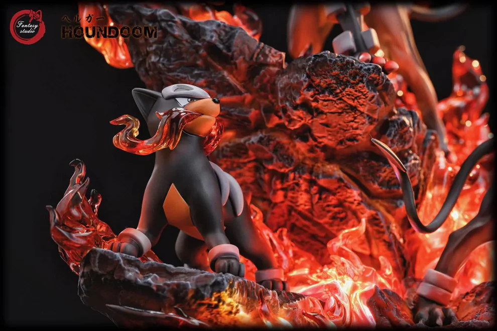 Pokémon – Houndour → Houndoom → Mega Houndoom Evolution Line 1/6 Scale LED Fire Effect GK Diorama – Fantasy Studio Limited Edition Resin Figure - Image 5