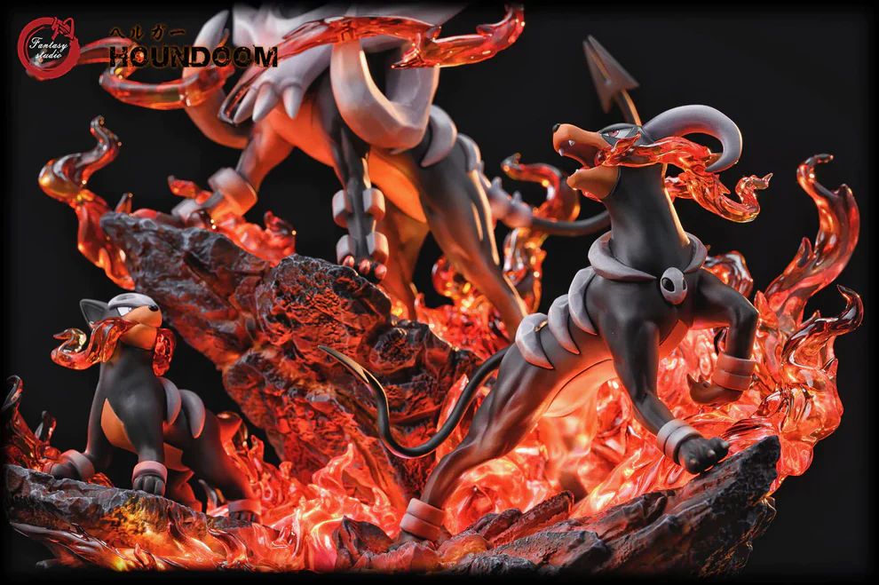 Pokémon – Houndour → Houndoom → Mega Houndoom Evolution Line 1/6 Scale LED Fire Effect GK Diorama – Fantasy Studio Limited Edition Resin Figure - Image 6