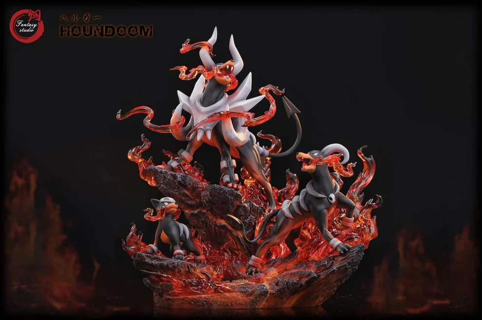 Pokémon – Houndour → Houndoom → Mega Houndoom Evolution Line 1/6 Scale LED Fire Effect GK Diorama – Fantasy Studio Limited Edition Resin Figure - Image 2