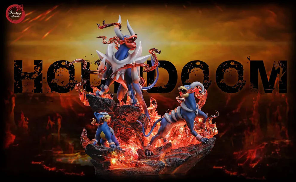 Pokémon – Houndour → Houndoom → Mega Houndoom Evolution Line 1/6 Scale LED Fire Effect GK Diorama – Fantasy Studio Limited Edition Resin Figure - Image 3