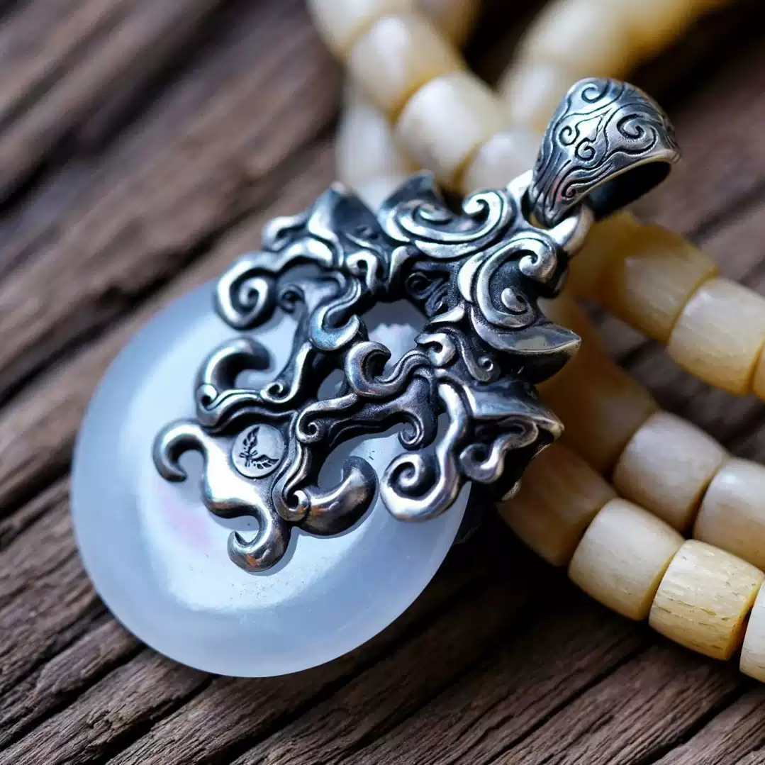 Raven Studio (silver jewelry) - Original Chinese-style “Like Silver, Like Jade” Inlaid Couple Pendant Original
