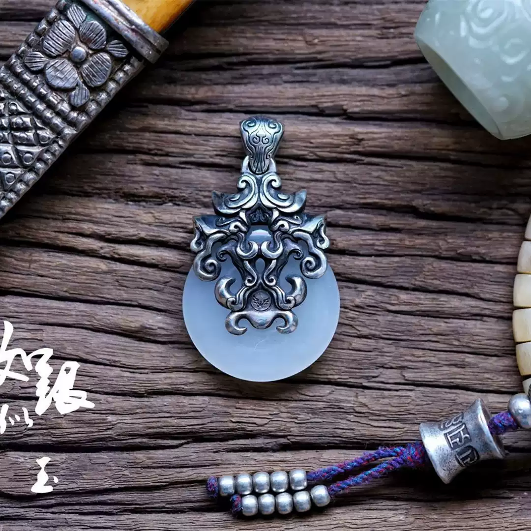 Raven Studio (silver jewelry) - Original Chinese-style “Like Silver, Like Jade” Inlaid Couple Pendant Original - Image 3