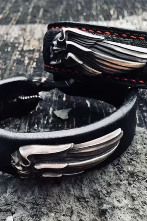 Raven Studio (silver jewelry) - Original Design "Highway Angel" Handmade Leather Bracelet Original