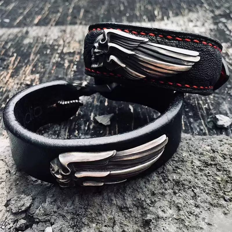 Raven Studio (silver jewelry) - Original Design "Highway Angel" Handmade Leather Bracelet Original