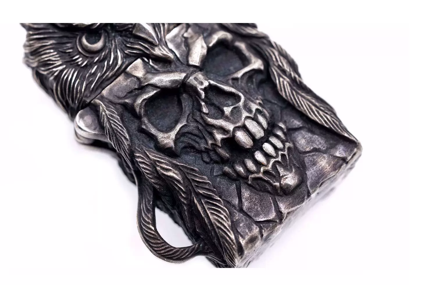 Raven Studio (silver jewelry) - "Existence" Indian Owl Skull Zippo Slim Lighter Case Original - Image 8