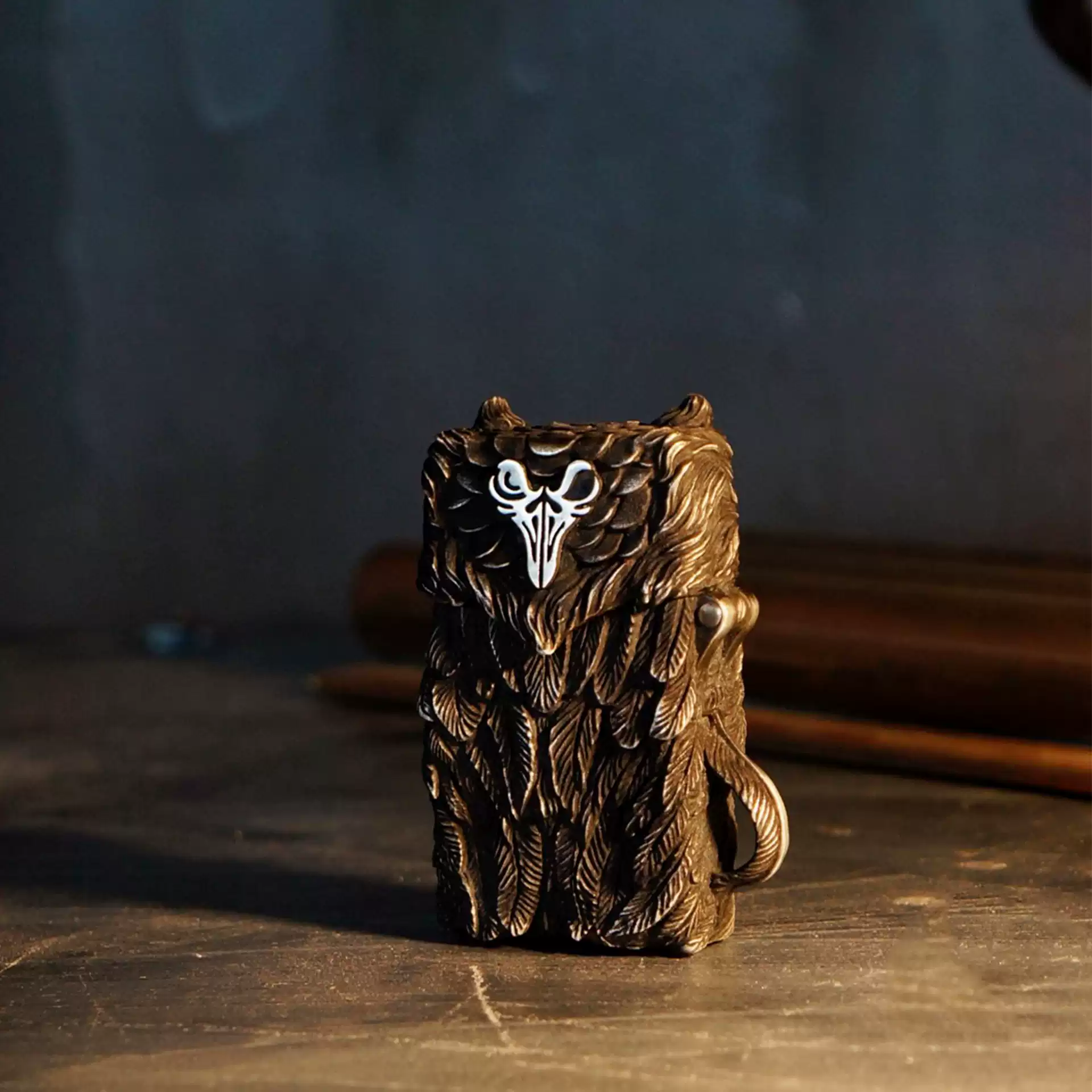Raven Studio (silver jewelry) - "Existence" Indian Owl Skull Zippo Slim Lighter Case Original - Image 2