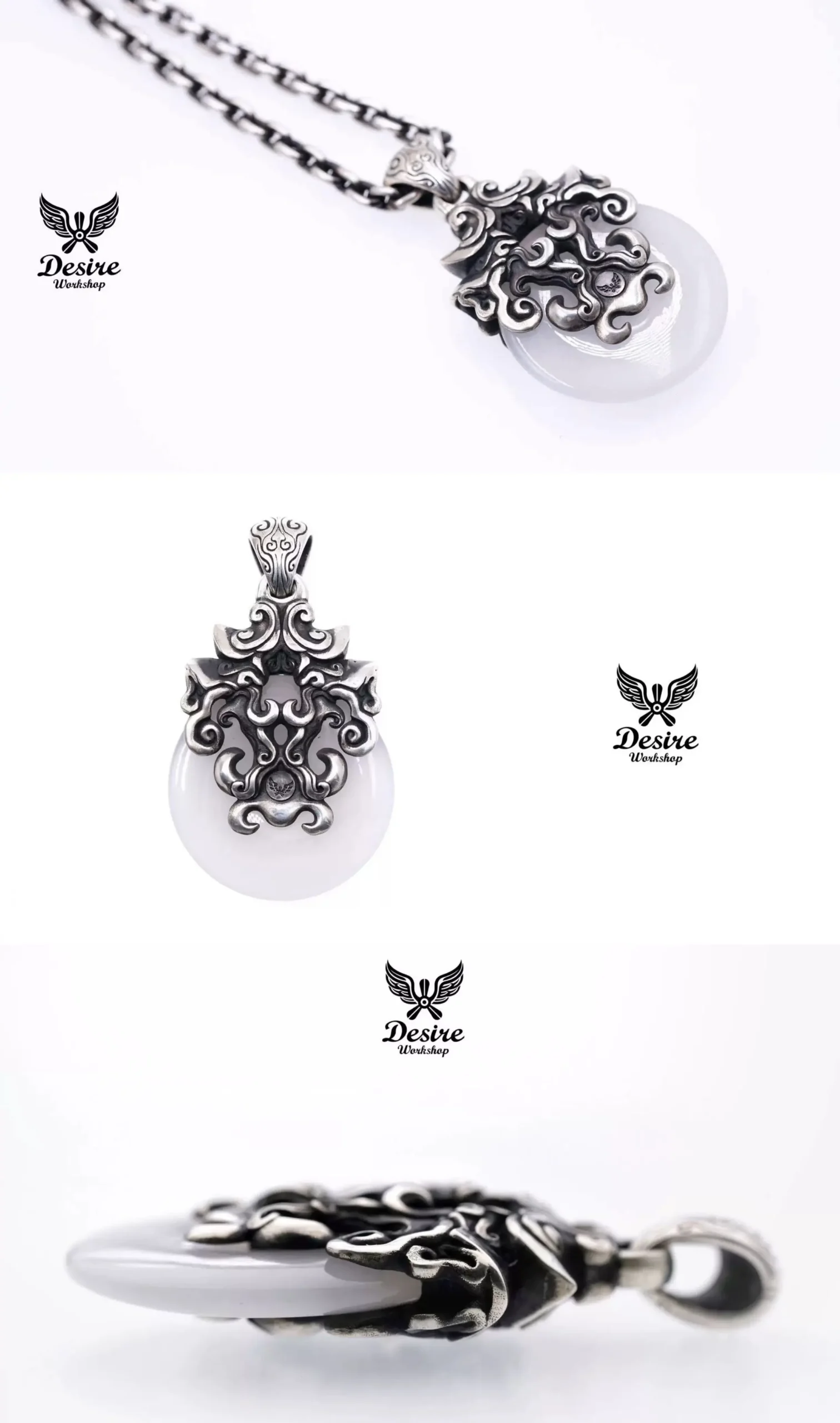Raven Studio (silver jewelry) - Original Chinese-style “Like Silver, Like Jade” Inlaid Couple Pendant Original - Image 8