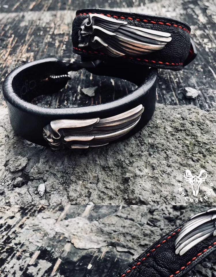Raven Studio (silver jewelry) - Original Design "Highway Angel" Handmade Leather Bracelet Original - Image 7