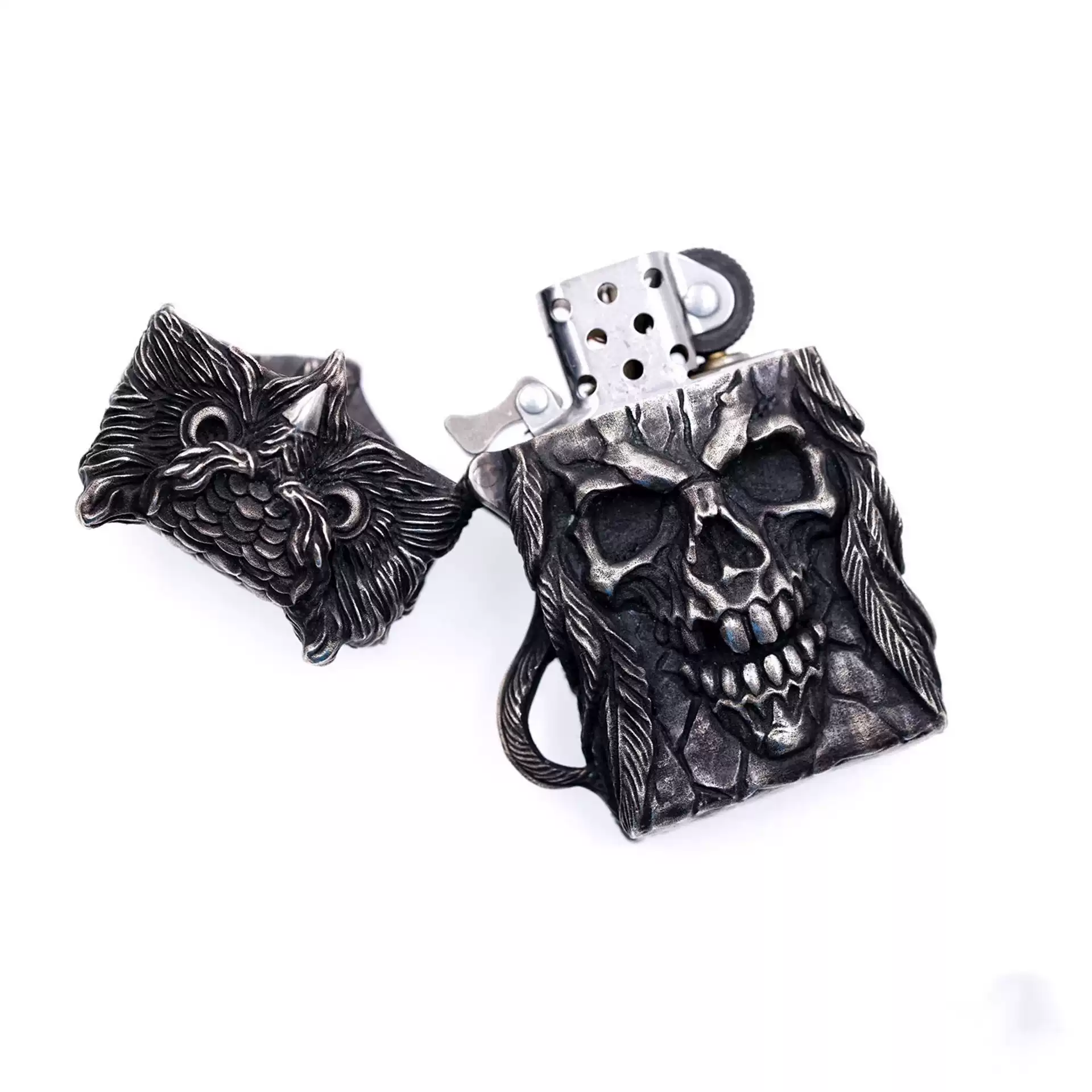 Raven Studio (silver jewelry) - "Existence" Indian Owl Skull Zippo Slim Lighter Case Original - Image 6