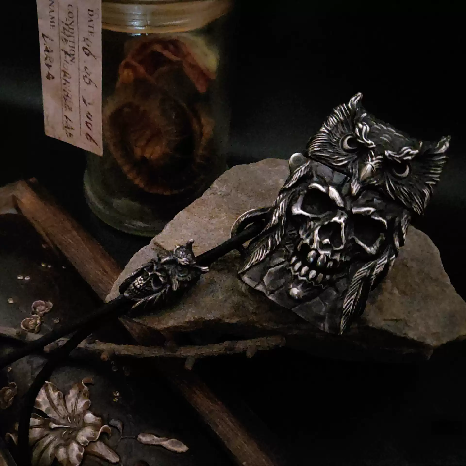 Raven Studio (silver jewelry) - "Existence" Indian Owl Skull Zippo Slim Lighter Case Original