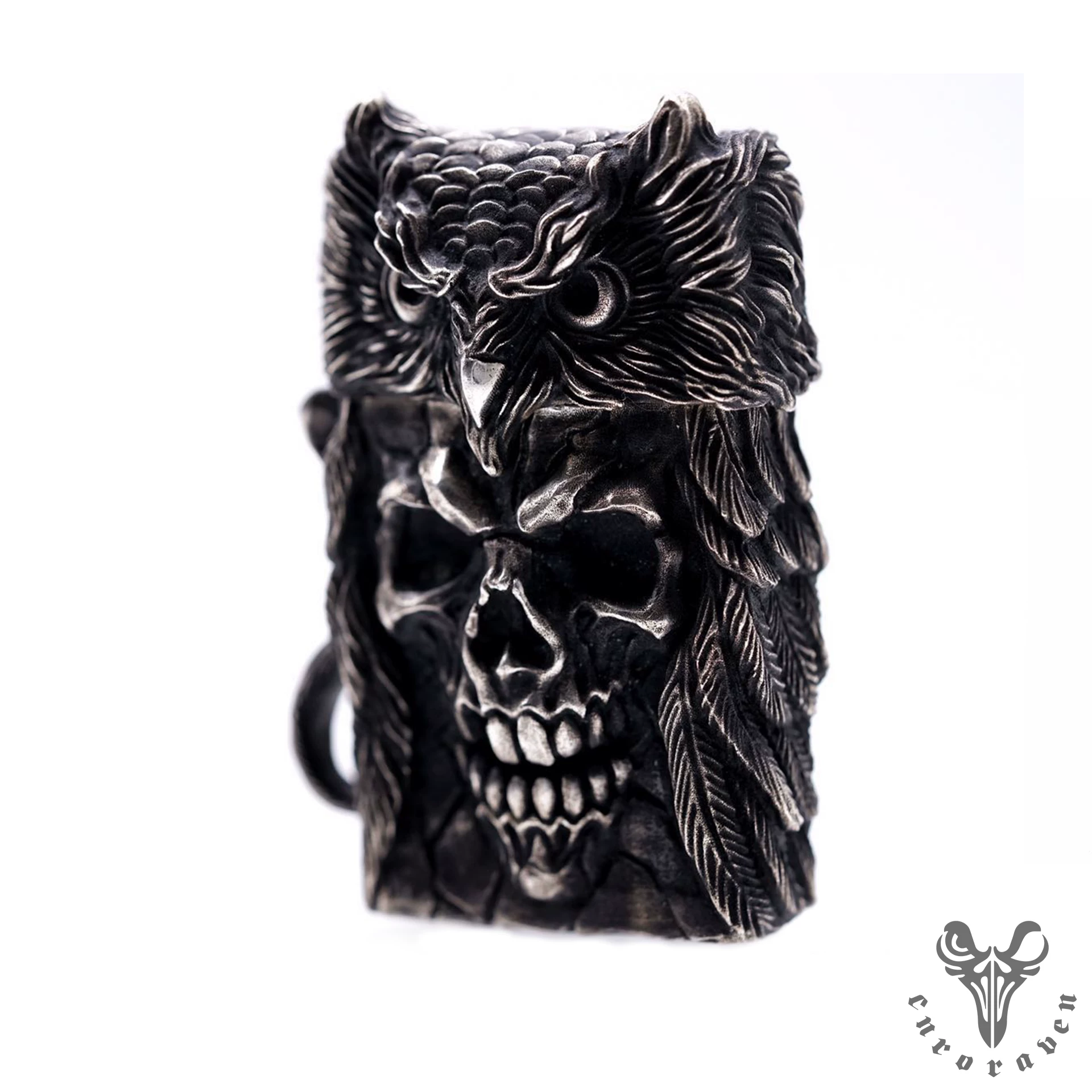 Raven Studio (silver jewelry) - "Existence" Indian Owl Skull Zippo Slim Lighter Case Original - Image 9