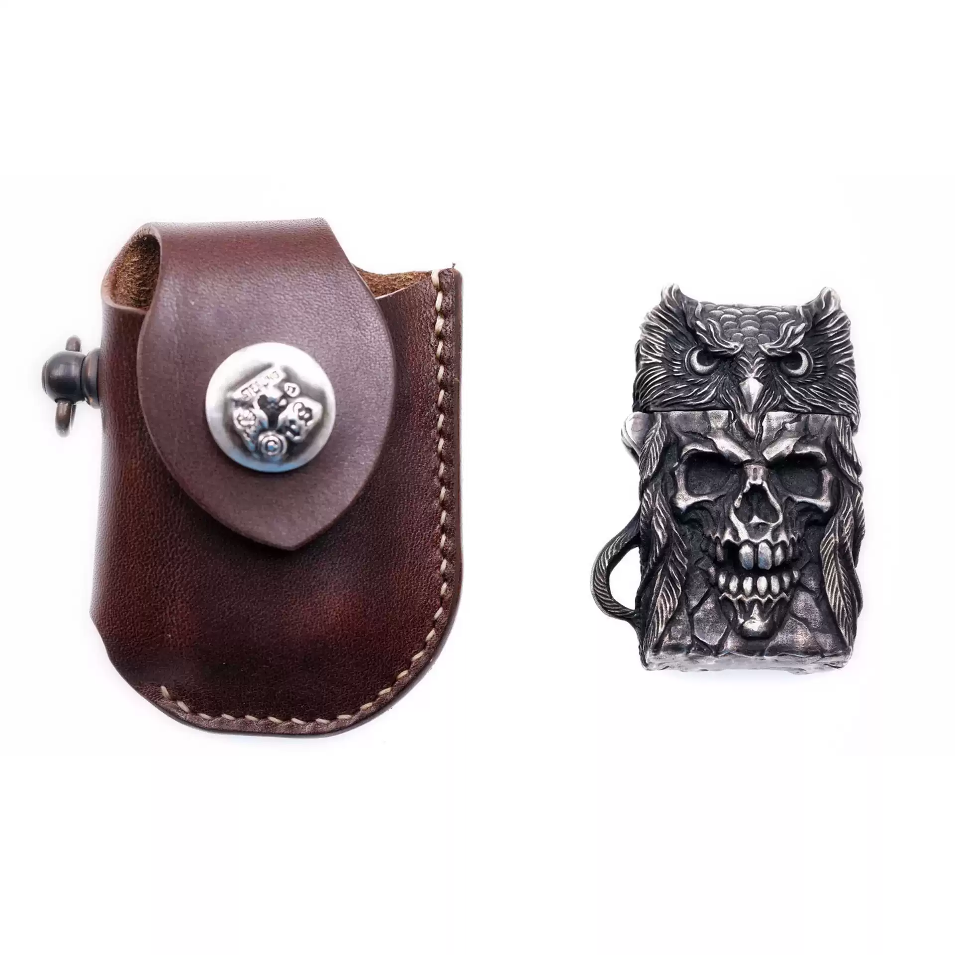 Raven Studio (silver jewelry) - "Existence" Indian Owl Skull Zippo Slim Lighter Case Original - Image 10