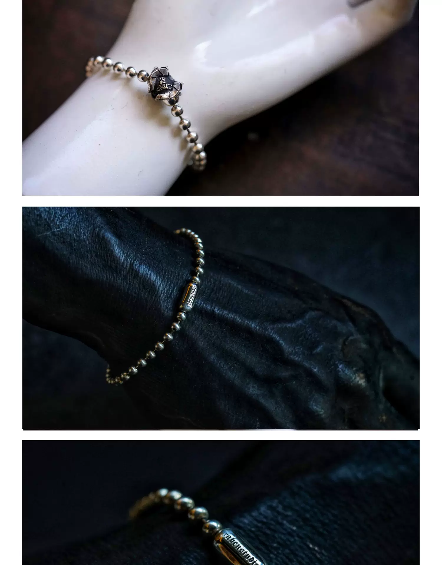 Raven Studio (silver jewelry) - "Bound" 4mm Satan Goat Skull Ball Bracelet Original - Image 4