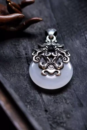 Alternative view of Raven Studio (silver jewelry) - Original Chinese-style “Like Silver, Like Jade” Inlaid Couple Pendant Original