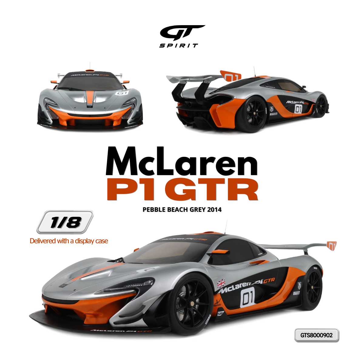 Gt spirit gts800902 mclaren p1 gtr pebble beach grey 2014 1/8 Die cast - Image 2