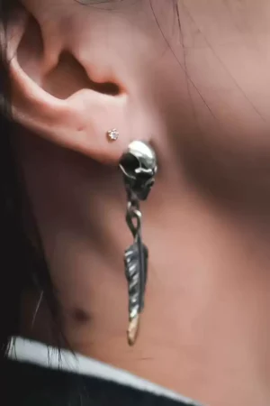 Raven Studio(silver jewelry) - Original RS Skull Feather Stud Earrings – Handmade Sterling Silver with Gold & Gemstone
