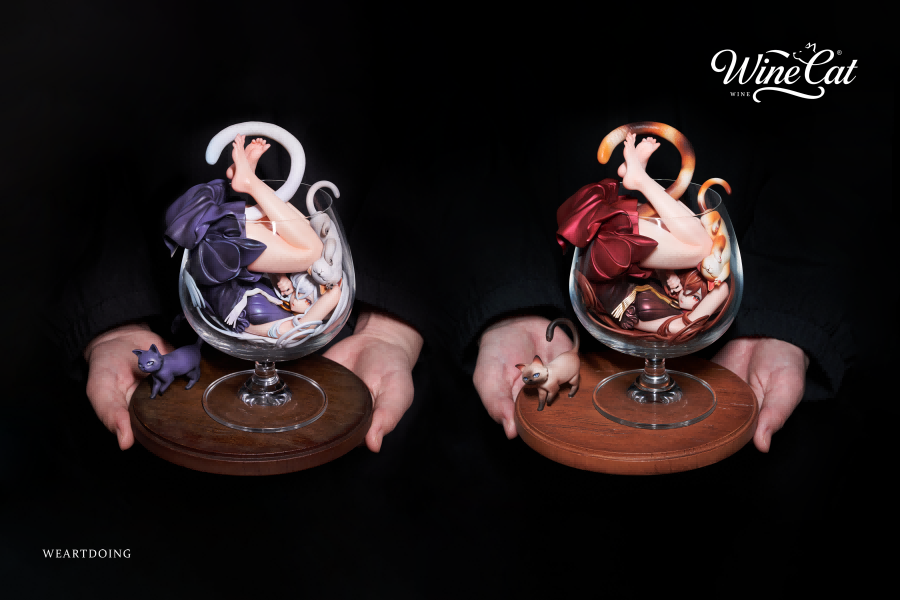 WeArtDoing × Kakiage Tofu – Wine Cat Silver Moon & Crimson Night