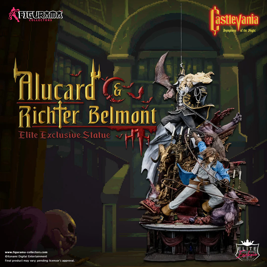 # Figurama Collectors Castlevania: Symphony of the Night Alucard & Richter 1/6 Scale Statue Celebrate one of the greatest action RPGs of all time with the **Castlevania: Symphony of the Night – Alucard & Richter 1/6 Scale Statue** from **Figurama Collectors**. This museum-quality collectible recreates the legendary confrontation between **Alucard** and **Richter Belmont**, combining breathtaking sculpting, premium materials, and dramatic storytelling in an impressive centerpiece worthy of the iconic Castlevania franchise. Standing over **90cm tall**, this massive limited-edition statue is designed for serious collectors seeking the ultimate Castlevania display piece. --- # 📦 Product Information * **Studio:** Figurama Collectors * **Product Name:** Castlevania: Symphony of the Night – Alucard & Richter * **Product IP:** Castlevania * **Characters:** Alucard & Richter Belmont * **Product Type:** Premium Polystone Statue * **Scale:** 1/6 * **Materials:** Polystone, PVC, Metal Diecast * **Estimated Size:** Approx. H91 × W51 × D45 cm * **Limited Edition:** 850 Pieces Worldwide * **Estimated Shipping:** Q2 2026 *(based on the provided information)* --- # 🎁 Package Contents * Alucard & Richter Main Statue ×1 * Premium Display Base ×1 * Exclusive A3 Art Print ×1 * Certificate of Authenticity ×1 --- # ✨ Product Features * Officially inspired by **Castlevania: Symphony of the Night**. * Massive 1/6 scale display exceeding 90cm in height. * Crafted from premium Polystone with PVC and Metal Diecast components. * Features both Alucard and Richter Belmont in a dramatic battle composition. * Includes an exclusive A3 collectible art print and numbered certificate. * Limited worldwide production of only **850 pieces**. --- # 🎨 Design Highlights ## 🦇 The Ultimate Symphony of the Night Showdown Few moments in gaming history are as memorable as the clash between **Alucard**, the son of Dracula, and **Richter Belmont**, the legendary vampire hunter. Figurama recreates this iconic encounter with remarkable attention to detail, capturing: * Alucard's elegant yet intimidating presence. * Richter's fearless combat stance. * Dynamic movement throughout the composition. * A cinematic battle frozen in time. Every angle tells part of the story, making the statue feel like a scene lifted directly from the classic game. --- ## ⚔️ Masterpiece-Level Sculpting This premium collectible showcases Figurama's renowned craftsmanship through: * Highly detailed character likenesses. * Intricate costume and armor textures. * Flowing capes and dynamic fabric movement. * Finely sculpted weapons and accessories. * Rich environmental elements integrated into the display base. The use of **Polystone, PVC, and Metal Diecast** enhances both realism and structural quality. --- ## 🏰 A Grand Display Piece Standing **91cm tall**, this is far more than a standard collectible—it is a true centerpiece. The large-scale composition delivers: * Exceptional visual impact. * Museum-quality presentation. * Rich storytelling through environmental design. * A premium display worthy of the Castlevania legacy. Whether displayed in a dedicated collection room or as the highlight of a gaming display, it commands immediate attention. --- # ⭐ Why You'll Love It The **Figurama Collectors Castlevania: Symphony of the Night – Alucard & Richter 1/6 Scale Statue** is one of the most ambitious Castlevania collectibles ever produced. With its monumental size, premium materials, cinematic composition, exclusive collector bonuses, and worldwide limitation of only **850 pieces**, this statue is a dream collectible for **Castlevania fans, Symphony of the Night enthusiasts, and high-end statue collectors** seeking a museum-quality masterpiece.