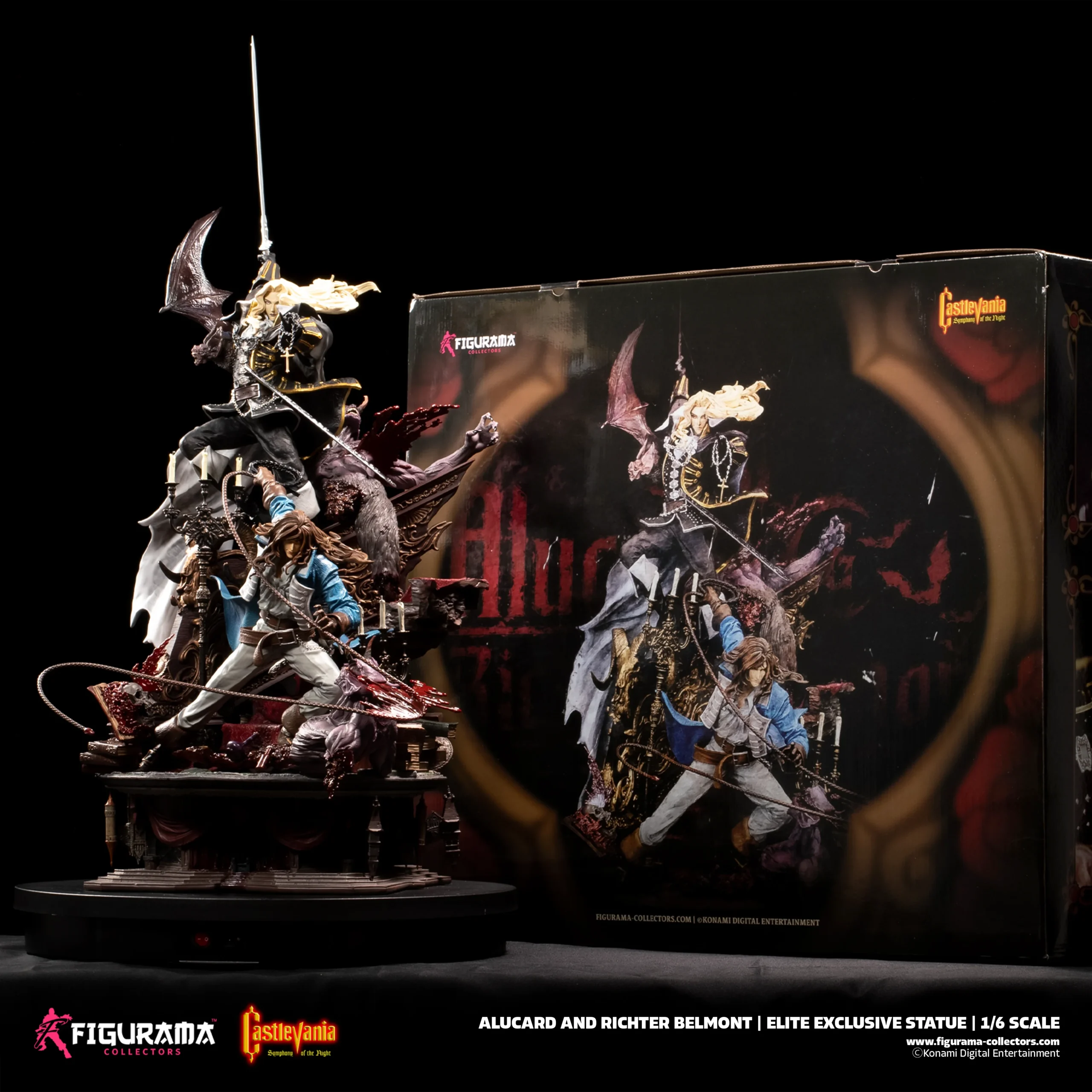 # Figurama Collectors Castlevania: Symphony of the Night Alucard & Richter 1/6 Scale Statue Celebrate one of the greatest action RPGs of all time with the **Castlevania: Symphony of the Night – Alucard & Richter 1/6 Scale Statue** from **Figurama Collectors**. This museum-quality collectible recreates the legendary confrontation between **Alucard** and **Richter Belmont**, combining breathtaking sculpting, premium materials, and dramatic storytelling in an impressive centerpiece worthy of the iconic Castlevania franchise. Standing over **90cm tall**, this massive limited-edition statue is designed for serious collectors seeking the ultimate Castlevania display piece. --- # 📦 Product Information * **Studio:** Figurama Collectors * **Product Name:** Castlevania: Symphony of the Night – Alucard & Richter * **Product IP:** Castlevania * **Characters:** Alucard & Richter Belmont * **Product Type:** Premium Polystone Statue * **Scale:** 1/6 * **Materials:** Polystone, PVC, Metal Diecast * **Estimated Size:** Approx. H91 × W51 × D45 cm * **Limited Edition:** 850 Pieces Worldwide * **Estimated Shipping:** Q2 2026 *(based on the provided information)* --- # 🎁 Package Contents * Alucard & Richter Main Statue ×1 * Premium Display Base ×1 * Exclusive A3 Art Print ×1 * Certificate of Authenticity ×1 --- # ✨ Product Features * Officially inspired by **Castlevania: Symphony of the Night**. * Massive 1/6 scale display exceeding 90cm in height. * Crafted from premium Polystone with PVC and Metal Diecast components. * Features both Alucard and Richter Belmont in a dramatic battle composition. * Includes an exclusive A3 collectible art print and numbered certificate. * Limited worldwide production of only **850 pieces**. --- # 🎨 Design Highlights ## 🦇 The Ultimate Symphony of the Night Showdown Few moments in gaming history are as memorable as the clash between **Alucard**, the son of Dracula, and **Richter Belmont**, the legendary vampire hunter. Figurama recreates this iconic encounter with remarkable attention to detail, capturing: * Alucard's elegant yet intimidating presence. * Richter's fearless combat stance. * Dynamic movement throughout the composition. * A cinematic battle frozen in time. Every angle tells part of the story, making the statue feel like a scene lifted directly from the classic game. --- ## ⚔️ Masterpiece-Level Sculpting This premium collectible showcases Figurama's renowned craftsmanship through: * Highly detailed character likenesses. * Intricate costume and armor textures. * Flowing capes and dynamic fabric movement. * Finely sculpted weapons and accessories. * Rich environmental elements integrated into the display base. The use of **Polystone, PVC, and Metal Diecast** enhances both realism and structural quality. --- ## 🏰 A Grand Display Piece Standing **91cm tall**, this is far more than a standard collectible—it is a true centerpiece. The large-scale composition delivers: * Exceptional visual impact. * Museum-quality presentation. * Rich storytelling through environmental design. * A premium display worthy of the Castlevania legacy. Whether displayed in a dedicated collection room or as the highlight of a gaming display, it commands immediate attention. --- # ⭐ Why You'll Love It The **Figurama Collectors Castlevania: Symphony of the Night – Alucard & Richter 1/6 Scale Statue** is one of the most ambitious Castlevania collectibles ever produced. With its monumental size, premium materials, cinematic composition, exclusive collector bonuses, and worldwide limitation of only **850 pieces**, this statue is a dream collectible for **Castlevania fans, Symphony of the Night enthusiasts, and high-end statue collectors** seeking a museum-quality masterpiece.
