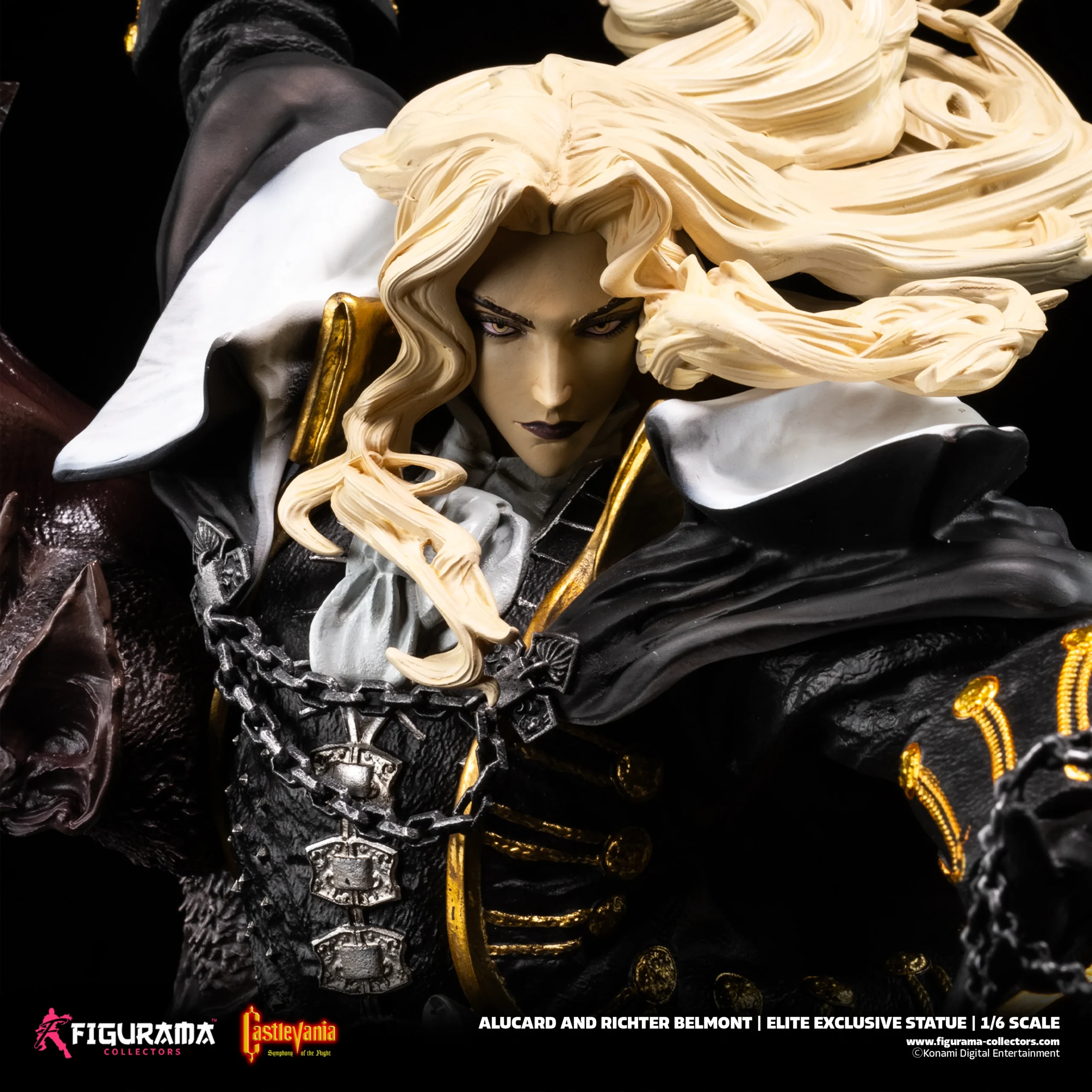 # Figurama Collectors Castlevania: Symphony of the Night Alucard & Richter 1/6 Scale Statue Celebrate one of the greatest action RPGs of all time with the **Castlevania: Symphony of the Night – Alucard & Richter 1/6 Scale Statue** from **Figurama Collectors**. This museum-quality collectible recreates the legendary confrontation between **Alucard** and **Richter Belmont**, combining breathtaking sculpting, premium materials, and dramatic storytelling in an impressive centerpiece worthy of the iconic Castlevania franchise. Standing over **90cm tall**, this massive limited-edition statue is designed for serious collectors seeking the ultimate Castlevania display piece. --- # 📦 Product Information * **Studio:** Figurama Collectors * **Product Name:** Castlevania: Symphony of the Night – Alucard & Richter * **Product IP:** Castlevania * **Characters:** Alucard & Richter Belmont * **Product Type:** Premium Polystone Statue * **Scale:** 1/6 * **Materials:** Polystone, PVC, Metal Diecast * **Estimated Size:** Approx. H91 × W51 × D45 cm * **Limited Edition:** 850 Pieces Worldwide * **Estimated Shipping:** Q2 2026 *(based on the provided information)* --- # 🎁 Package Contents * Alucard & Richter Main Statue ×1 * Premium Display Base ×1 * Exclusive A3 Art Print ×1 * Certificate of Authenticity ×1 --- # ✨ Product Features * Officially inspired by **Castlevania: Symphony of the Night**. * Massive 1/6 scale display exceeding 90cm in height. * Crafted from premium Polystone with PVC and Metal Diecast components. * Features both Alucard and Richter Belmont in a dramatic battle composition. * Includes an exclusive A3 collectible art print and numbered certificate. * Limited worldwide production of only **850 pieces**. --- # 🎨 Design Highlights ## 🦇 The Ultimate Symphony of the Night Showdown Few moments in gaming history are as memorable as the clash between **Alucard**, the son of Dracula, and **Richter Belmont**, the legendary vampire hunter. Figurama recreates this iconic encounter with remarkable attention to detail, capturing: * Alucard's elegant yet intimidating presence. * Richter's fearless combat stance. * Dynamic movement throughout the composition. * A cinematic battle frozen in time. Every angle tells part of the story, making the statue feel like a scene lifted directly from the classic game. --- ## ⚔️ Masterpiece-Level Sculpting This premium collectible showcases Figurama's renowned craftsmanship through: * Highly detailed character likenesses. * Intricate costume and armor textures. * Flowing capes and dynamic fabric movement. * Finely sculpted weapons and accessories. * Rich environmental elements integrated into the display base. The use of **Polystone, PVC, and Metal Diecast** enhances both realism and structural quality. --- ## 🏰 A Grand Display Piece Standing **91cm tall**, this is far more than a standard collectible—it is a true centerpiece. The large-scale composition delivers: * Exceptional visual impact. * Museum-quality presentation. * Rich storytelling through environmental design. * A premium display worthy of the Castlevania legacy. Whether displayed in a dedicated collection room or as the highlight of a gaming display, it commands immediate attention. --- # ⭐ Why You'll Love It The **Figurama Collectors Castlevania: Symphony of the Night – Alucard & Richter 1/6 Scale Statue** is one of the most ambitious Castlevania collectibles ever produced. With its monumental size, premium materials, cinematic composition, exclusive collector bonuses, and worldwide limitation of only **850 pieces**, this statue is a dream collectible for **Castlevania fans, Symphony of the Night enthusiasts, and high-end statue collectors** seeking a museum-quality masterpiece.