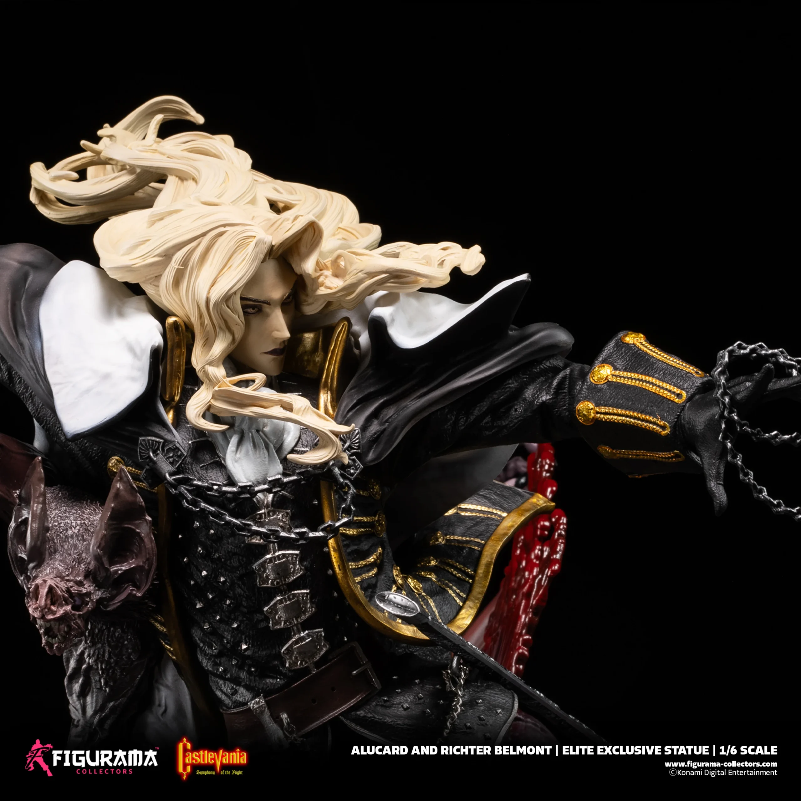 # Figurama Collectors Castlevania: Symphony of the Night Alucard & Richter 1/6 Scale Statue Celebrate one of the greatest action RPGs of all time with the **Castlevania: Symphony of the Night – Alucard & Richter 1/6 Scale Statue** from **Figurama Collectors**. This museum-quality collectible recreates the legendary confrontation between **Alucard** and **Richter Belmont**, combining breathtaking sculpting, premium materials, and dramatic storytelling in an impressive centerpiece worthy of the iconic Castlevania franchise. Standing over **90cm tall**, this massive limited-edition statue is designed for serious collectors seeking the ultimate Castlevania display piece. --- # 📦 Product Information * **Studio:** Figurama Collectors * **Product Name:** Castlevania: Symphony of the Night – Alucard & Richter * **Product IP:** Castlevania * **Characters:** Alucard & Richter Belmont * **Product Type:** Premium Polystone Statue * **Scale:** 1/6 * **Materials:** Polystone, PVC, Metal Diecast * **Estimated Size:** Approx. H91 × W51 × D45 cm * **Limited Edition:** 850 Pieces Worldwide * **Estimated Shipping:** Q2 2026 *(based on the provided information)* --- # 🎁 Package Contents * Alucard & Richter Main Statue ×1 * Premium Display Base ×1 * Exclusive A3 Art Print ×1 * Certificate of Authenticity ×1 --- # ✨ Product Features * Officially inspired by **Castlevania: Symphony of the Night**. * Massive 1/6 scale display exceeding 90cm in height. * Crafted from premium Polystone with PVC and Metal Diecast components. * Features both Alucard and Richter Belmont in a dramatic battle composition. * Includes an exclusive A3 collectible art print and numbered certificate. * Limited worldwide production of only **850 pieces**. --- # 🎨 Design Highlights ## 🦇 The Ultimate Symphony of the Night Showdown Few moments in gaming history are as memorable as the clash between **Alucard**, the son of Dracula, and **Richter Belmont**, the legendary vampire hunter. Figurama recreates this iconic encounter with remarkable attention to detail, capturing: * Alucard's elegant yet intimidating presence. * Richter's fearless combat stance. * Dynamic movement throughout the composition. * A cinematic battle frozen in time. Every angle tells part of the story, making the statue feel like a scene lifted directly from the classic game. --- ## ⚔️ Masterpiece-Level Sculpting This premium collectible showcases Figurama's renowned craftsmanship through: * Highly detailed character likenesses. * Intricate costume and armor textures. * Flowing capes and dynamic fabric movement. * Finely sculpted weapons and accessories. * Rich environmental elements integrated into the display base. The use of **Polystone, PVC, and Metal Diecast** enhances both realism and structural quality. --- ## 🏰 A Grand Display Piece Standing **91cm tall**, this is far more than a standard collectible—it is a true centerpiece. The large-scale composition delivers: * Exceptional visual impact. * Museum-quality presentation. * Rich storytelling through environmental design. * A premium display worthy of the Castlevania legacy. Whether displayed in a dedicated collection room or as the highlight of a gaming display, it commands immediate attention. --- # ⭐ Why You'll Love It The **Figurama Collectors Castlevania: Symphony of the Night – Alucard & Richter 1/6 Scale Statue** is one of the most ambitious Castlevania collectibles ever produced. With its monumental size, premium materials, cinematic composition, exclusive collector bonuses, and worldwide limitation of only **850 pieces**, this statue is a dream collectible for **Castlevania fans, Symphony of the Night enthusiasts, and high-end statue collectors** seeking a museum-quality masterpiece.