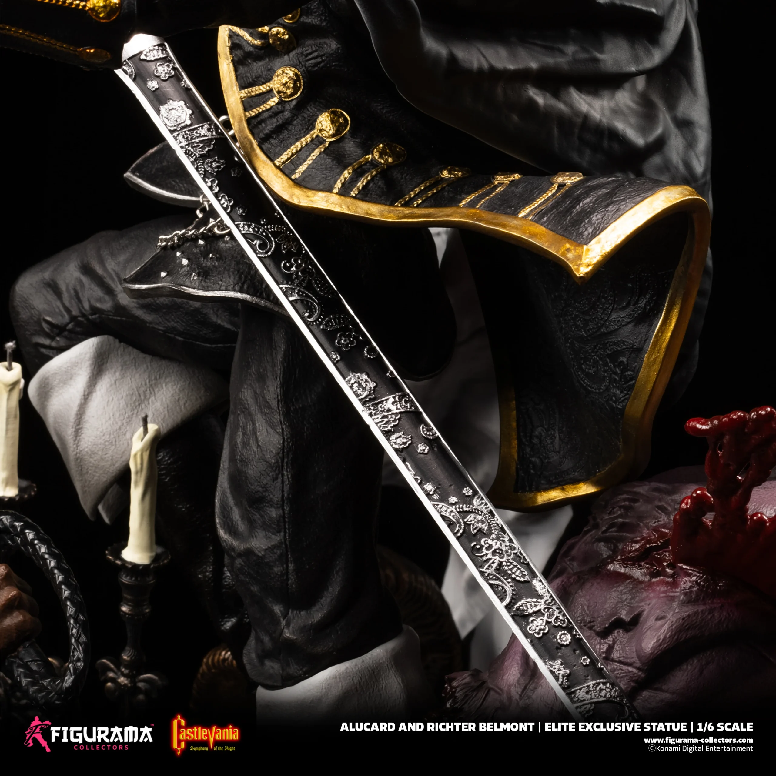 # Figurama Collectors Castlevania: Symphony of the Night Alucard & Richter 1/6 Scale Statue Celebrate one of the greatest action RPGs of all time with the **Castlevania: Symphony of the Night – Alucard & Richter 1/6 Scale Statue** from **Figurama Collectors**. This museum-quality collectible recreates the legendary confrontation between **Alucard** and **Richter Belmont**, combining breathtaking sculpting, premium materials, and dramatic storytelling in an impressive centerpiece worthy of the iconic Castlevania franchise. Standing over **90cm tall**, this massive limited-edition statue is designed for serious collectors seeking the ultimate Castlevania display piece. --- # 📦 Product Information * **Studio:** Figurama Collectors * **Product Name:** Castlevania: Symphony of the Night – Alucard & Richter * **Product IP:** Castlevania * **Characters:** Alucard & Richter Belmont * **Product Type:** Premium Polystone Statue * **Scale:** 1/6 * **Materials:** Polystone, PVC, Metal Diecast * **Estimated Size:** Approx. H91 × W51 × D45 cm * **Limited Edition:** 850 Pieces Worldwide * **Estimated Shipping:** Q2 2026 *(based on the provided information)* --- # 🎁 Package Contents * Alucard & Richter Main Statue ×1 * Premium Display Base ×1 * Exclusive A3 Art Print ×1 * Certificate of Authenticity ×1 --- # ✨ Product Features * Officially inspired by **Castlevania: Symphony of the Night**. * Massive 1/6 scale display exceeding 90cm in height. * Crafted from premium Polystone with PVC and Metal Diecast components. * Features both Alucard and Richter Belmont in a dramatic battle composition. * Includes an exclusive A3 collectible art print and numbered certificate. * Limited worldwide production of only **850 pieces**. --- # 🎨 Design Highlights ## 🦇 The Ultimate Symphony of the Night Showdown Few moments in gaming history are as memorable as the clash between **Alucard**, the son of Dracula, and **Richter Belmont**, the legendary vampire hunter. Figurama recreates this iconic encounter with remarkable attention to detail, capturing: * Alucard's elegant yet intimidating presence. * Richter's fearless combat stance. * Dynamic movement throughout the composition. * A cinematic battle frozen in time. Every angle tells part of the story, making the statue feel like a scene lifted directly from the classic game. --- ## ⚔️ Masterpiece-Level Sculpting This premium collectible showcases Figurama's renowned craftsmanship through: * Highly detailed character likenesses. * Intricate costume and armor textures. * Flowing capes and dynamic fabric movement. * Finely sculpted weapons and accessories. * Rich environmental elements integrated into the display base. The use of **Polystone, PVC, and Metal Diecast** enhances both realism and structural quality. --- ## 🏰 A Grand Display Piece Standing **91cm tall**, this is far more than a standard collectible—it is a true centerpiece. The large-scale composition delivers: * Exceptional visual impact. * Museum-quality presentation. * Rich storytelling through environmental design. * A premium display worthy of the Castlevania legacy. Whether displayed in a dedicated collection room or as the highlight of a gaming display, it commands immediate attention. --- # ⭐ Why You'll Love It The **Figurama Collectors Castlevania: Symphony of the Night – Alucard & Richter 1/6 Scale Statue** is one of the most ambitious Castlevania collectibles ever produced. With its monumental size, premium materials, cinematic composition, exclusive collector bonuses, and worldwide limitation of only **850 pieces**, this statue is a dream collectible for **Castlevania fans, Symphony of the Night enthusiasts, and high-end statue collectors** seeking a museum-quality masterpiece.