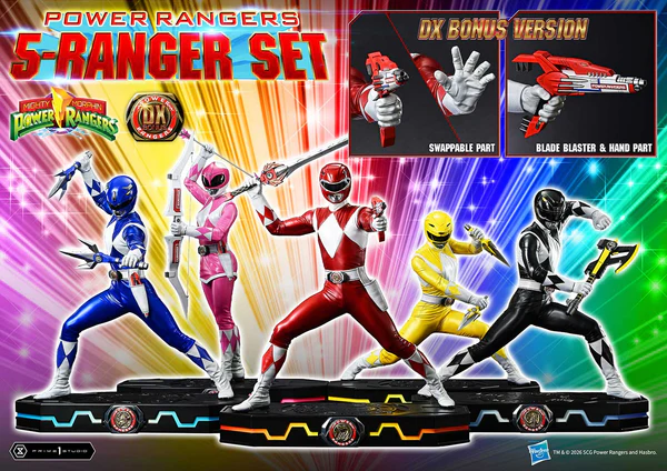 # Prime 1 Studio Premium Masterline Mighty Morphin Power Rangers 1/4 Scale DX Bonus Version "It's Morphin Time!" Relive the legendary transformation of the original heroes with the **Premium Masterline Mighty Morphin Power Rangers 1/4 Scale DX Bonus Version** from **Prime 1 Studio**. Celebrating over 30 years of the iconic franchise, this premium collectible brings together the **Red, Black, Blue, Yellow, and Pink Rangers** in stunning 1/4 scale, faithfully recreating their unforgettable **Roll Call** poses before battle. Expertly sculpted using the physiques of the original suit actors as reference, each Ranger showcases screen-accurate proportions, glossy helmets inspired by their respective Zords, and realistic suit textures. Combined with individually themed **Power Morpher** display bases and a wide selection of interchangeable weapon poses, this set delivers the definitive Power Rangers display for serious collectors. --- ## 📦 Product Information * **Brand:** Prime 1 Studio * **Collection:** Premium Masterline * **Product Name:** Mighty Morphin Power Rangers DX Bonus Version * **Series:** Mighty Morphin Power Rangers * **Characters:** Red Ranger, Black Ranger, Blue Ranger, Yellow Ranger, Pink Ranger * **Scale:** 1/4 * **Product Code:** PMPWR-01DXS * **Material:** Polystone and Other Premium Materials * **Estimated Cartons:** 3 Boxes * **Product Weight:** Approx. 8.42 kg * **Region:** Region Exclusive ### Display Size (Five Rangers) * **Height:** 57–62 cm * **Width:** 111 cm * **Depth:** 58–78 cm ### Individual Ranger Dimensions **Red Ranger** * Height: 47–62 cm * Width: 42 cm * Depth: 20–34 cm **Black Ranger** * Height: 43–44 cm * Width: 42 cm * Depth: 20 cm **Blue Ranger** * Height: 46–54 cm * Width: 42 cm * Depth: 29–46 cm **Yellow Ranger** * Height: 40–48 cm * Width: 42 cm * Depth: 23–31 cm **Pink Ranger** * Height: 56–57 cm * Width: 42 cm * Depth: 23–32 cm --- ## ✨ Product Features * Official **Prime 1 Studio Premium Masterline** collectible. * Features all **five original Mighty Morphin Power Rangers** in premium 1/4 scale. * Inspired by the iconic **Roll Call** sequence before the team shouts "GO GO POWER RANGERS!" * Screen-accurate helmets with high-gloss finishes representing each Ranger's Zord. * Realistic body proportions faithfully based on the original suit actors. * Highly detailed sculpting recreates the natural folds and stretched texture of each Ranger suit. * Individually designed **Power Morpher** themed bases inspired by the transformation sequence. * Extensive interchangeable parts allow collectors to recreate multiple action scenes. * Premium polystone construction with museum-quality paint application. * Perfect centerpiece for Power Rangers fans and high-end statue collectors. --- ## ⚔️ Interchangeable Parts & Accessories ### 🔴 Red Ranger * Power Morpher Display Base * Roll Call Pose Arms * Two-Handed Power Sword Pose Arms * Right Arm with Power Sword * Open Left Hand * **Bonus Exclusive:** Left Hand Holding Blade Blaster --- ### ⚫ Black Ranger * Power Morpher Display Base * Roll Call Pose Arms * Power Axe Slash Attack Arms * Power Axe Cannon Mode Arms --- ### 🔵 Blue Ranger * Power Morpher Display Base * Roll Call Pose Arms * Power Lance (Separated Form) * Power Lance (Combined Form) --- ### 🟡 Yellow Ranger * Power Morpher Display Base * Roll Call Pose Arms * Power Daggers Mid Guard Pose * Extended Attack Pose Arms --- ### 🌸 Pink Ranger * Power Morpher Display Base * Roll Call Pose Arms * Power Bow with Arrow Nocked * Fully Drawn Power Bow Pose --- ## 🎁 DX Bonus Version Exclusive * **Red Ranger Left Hand Holding Blade Blaster** The legendary sidearm used throughout the series is included exclusively with the DX Bonus Version, adding another iconic display option for the team's leader. --- ## ⭐ Why You'll Love It The **Prime 1 Studio Mighty Morphin Power Rangers Premium Masterline DX Bonus Version** is the ultimate tribute to the team that defined a generation of superheroes. Every Ranger has been recreated with incredible attention to detail—from the glossy helmets and athletic suit proportions to the iconic Power Weapons and transformation-inspired display bases. Whether displayed individually or assembled into the complete five-member Roll Call formation, this museum-quality statue set captures the excitement, nostalgia, and heroic spirit of the original **Mighty Morphin Power Rangers**, making it an essential masterpiece for longtime fans and premium statue collectors alike.