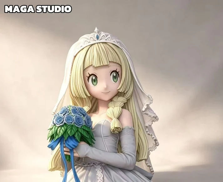 Close view of the lace veil and the blue rose bouquet on the MAGA Studio figure