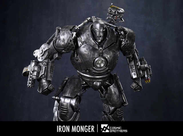 Detail view of the Iron Monger armour plating on the COSMIC BROTHERS statue